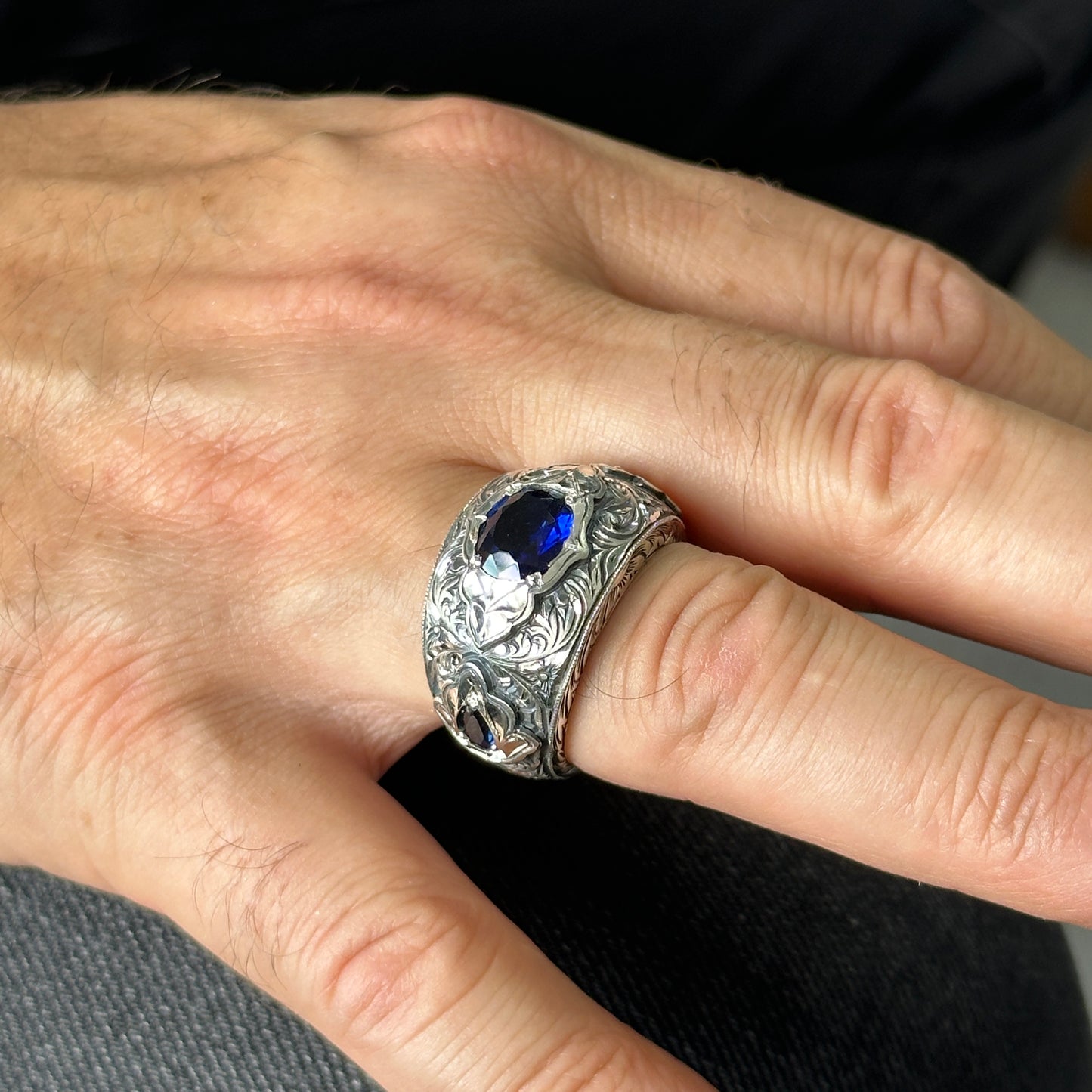 Turkish Men Handmade Blue Sapphire Stone Band Ring