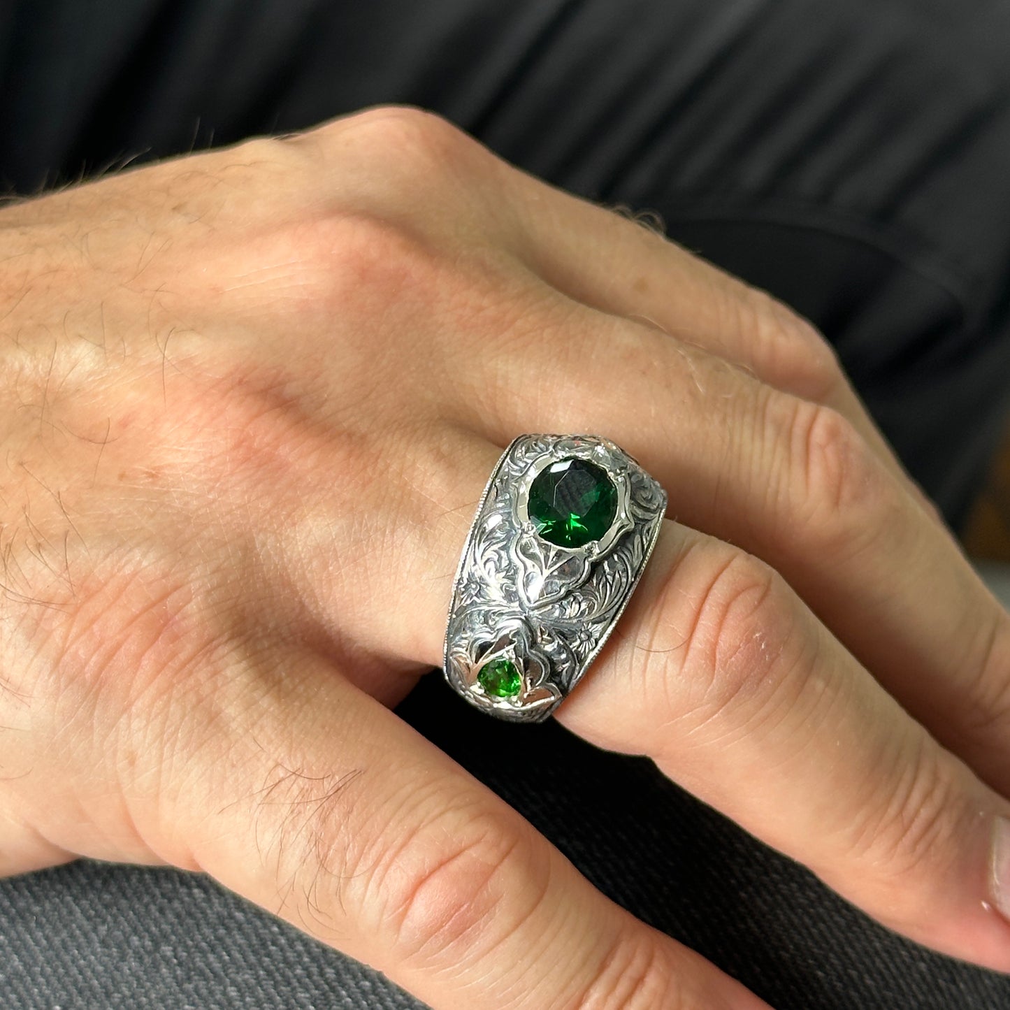 Men Handmade Green Emerald Stone Handmade Wide Ring