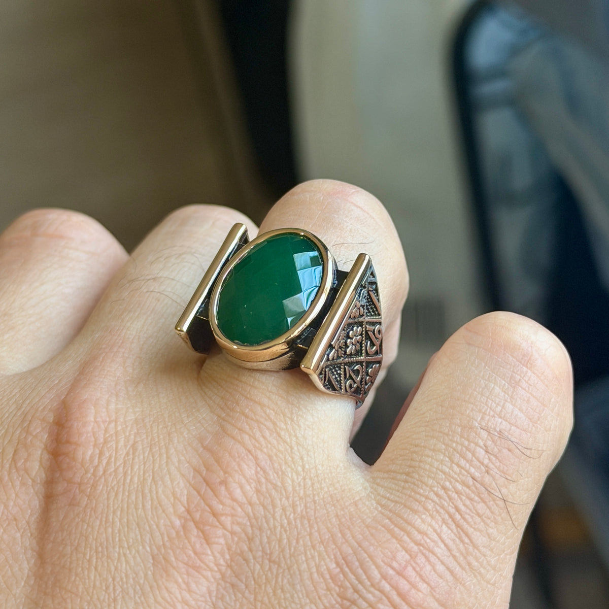 Emerald Gemstone Islamic Silver Men Rings , Handmade Muslim Men Ring, Green Zircon Men Ring, Father Day Gift, Husband Gift, 925k Silver