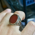 Men Handmade Engraved Agate Ring, Oval Red Agate Gemstone Ring, Turkish Handmade Red Aqeeq Ring, 925k Sterling Silver Ring