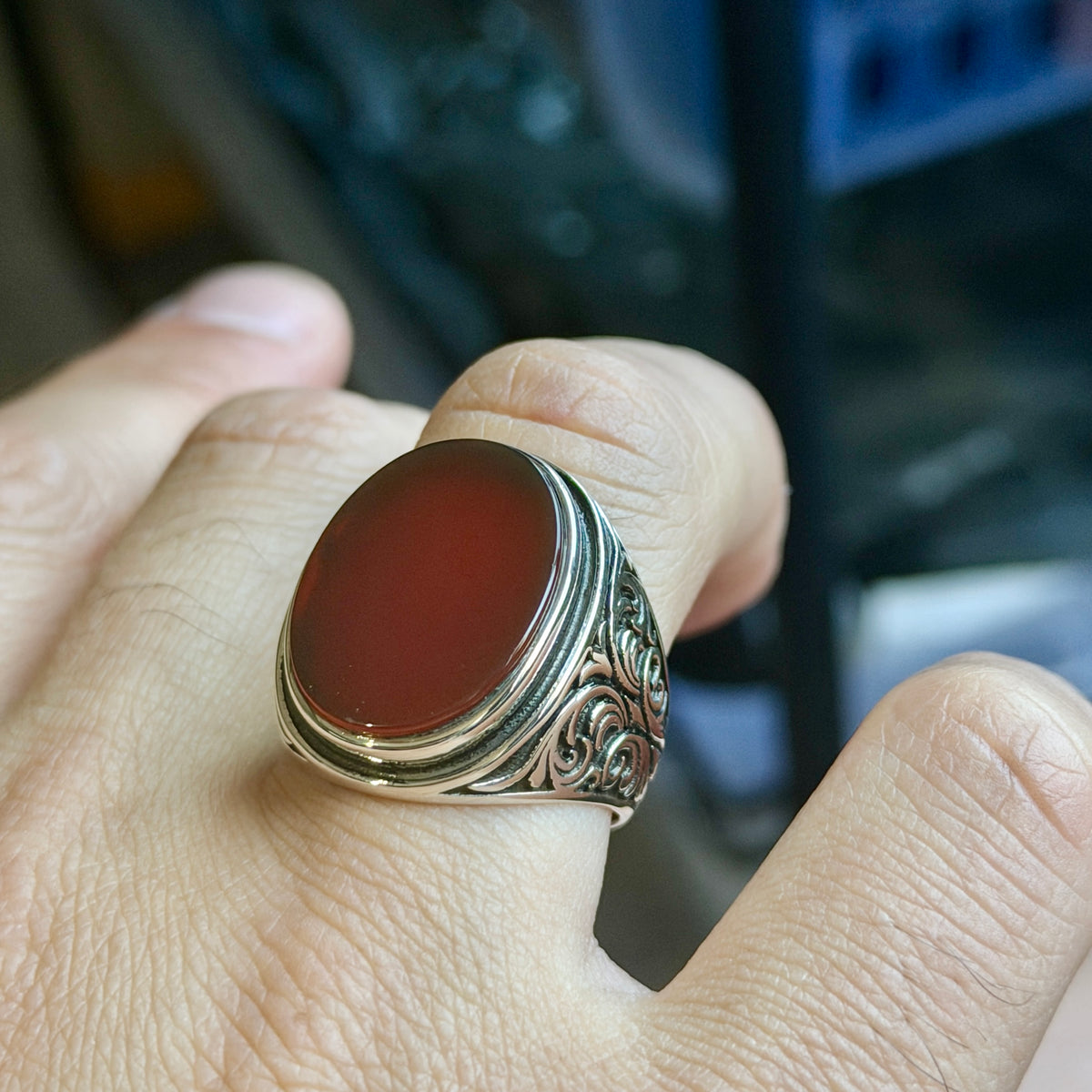 Men Handmade Engraved Agate Ring, Oval Red Agate Gemstone Ring, Turkish Handmade Red Aqeeq Ring, 925k Sterling Silver Ring