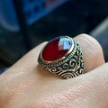Men Handmade Oval Ruby Stone Ring , Engraved Turkish Red Stone Ring , Ottoman Style Handmade Ring , 925k Sterling Silver Ring , Gift For Him
