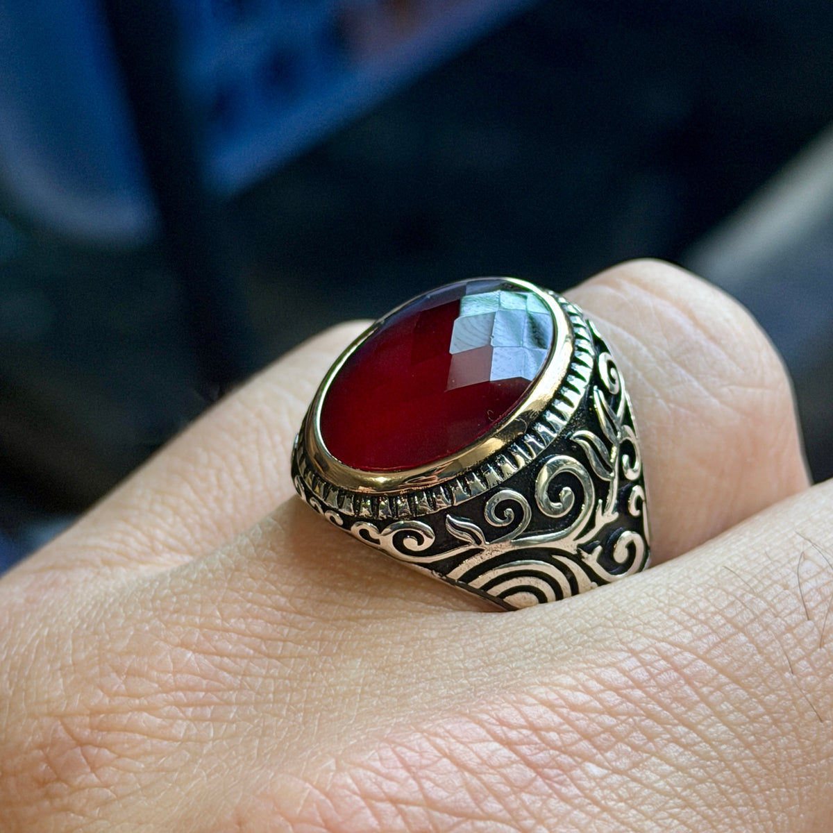 Men Handmade Oval Ruby Stone Ring , Engraved Turkish Red Stone Ring , Ottoman Style Handmade Ring , 925k Sterling Silver Ring , Gift For Him