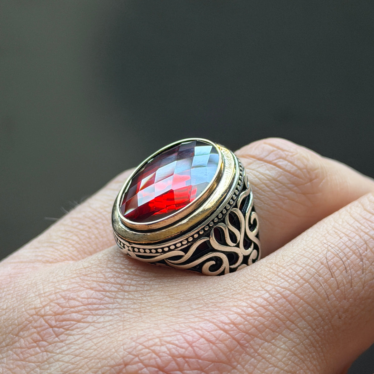 Silver Silver Ruby Stone Ring, Oval Garnet Gemstone Men Ring, Ottoman Style Ring, Mens Turkish Handmade Ring, 925 Sterling Silver, Men Gift