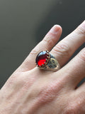 925 Silver Handmade Ruby Stone Ring, Engraved Vintage Ruby Ring, Oval Red Stone Ring, Ottoman Style Handmade Ring