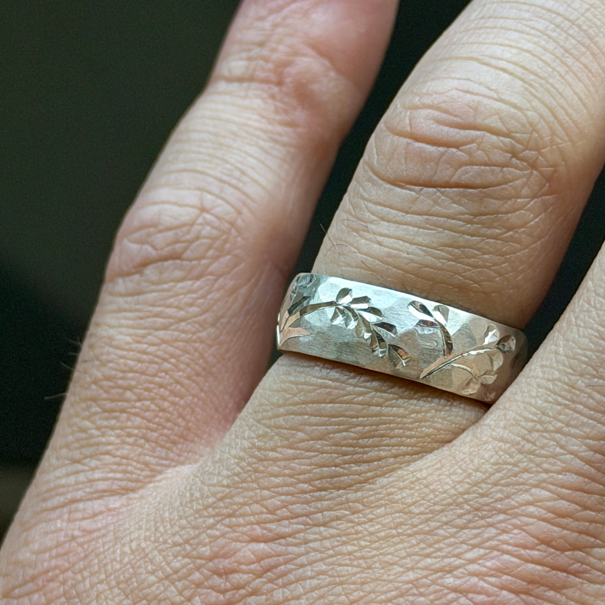 925 Silver Floral Engraved Ring, Nature Inspired Engraved Silver Ring, Handmade Turkish Jewelry, Vintage Hammered Band Ring, Wide Band Ring