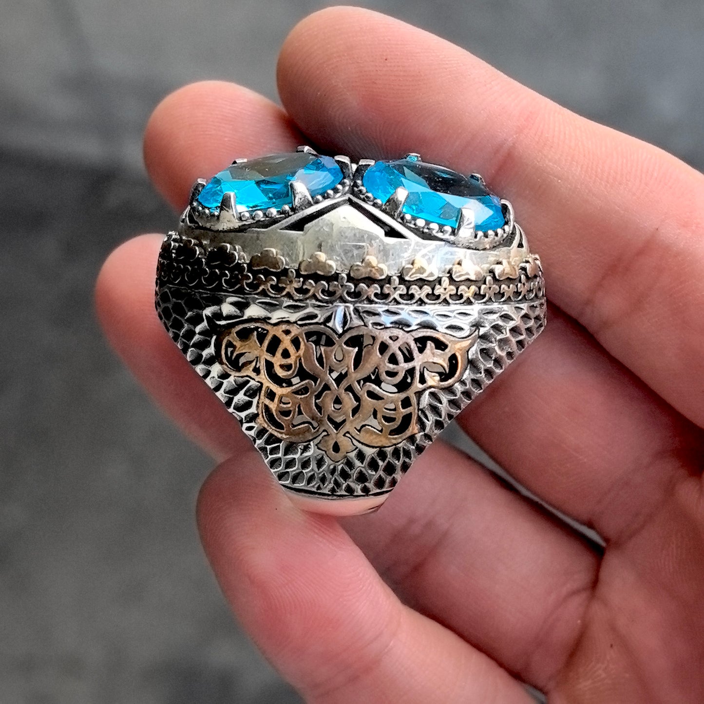 925 Men Silver Ottoman Style Large Aquamarine Stone Ring