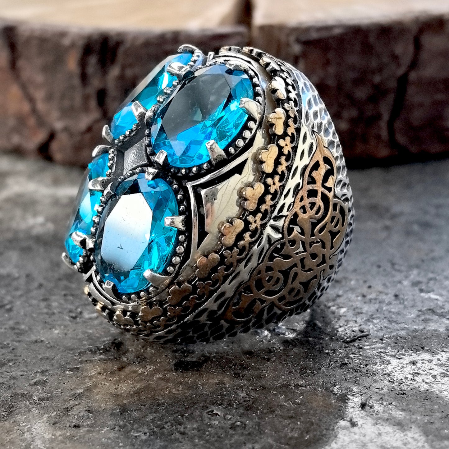 925 Men Silver Ottoman Style Large Aquamarine Stone Ring