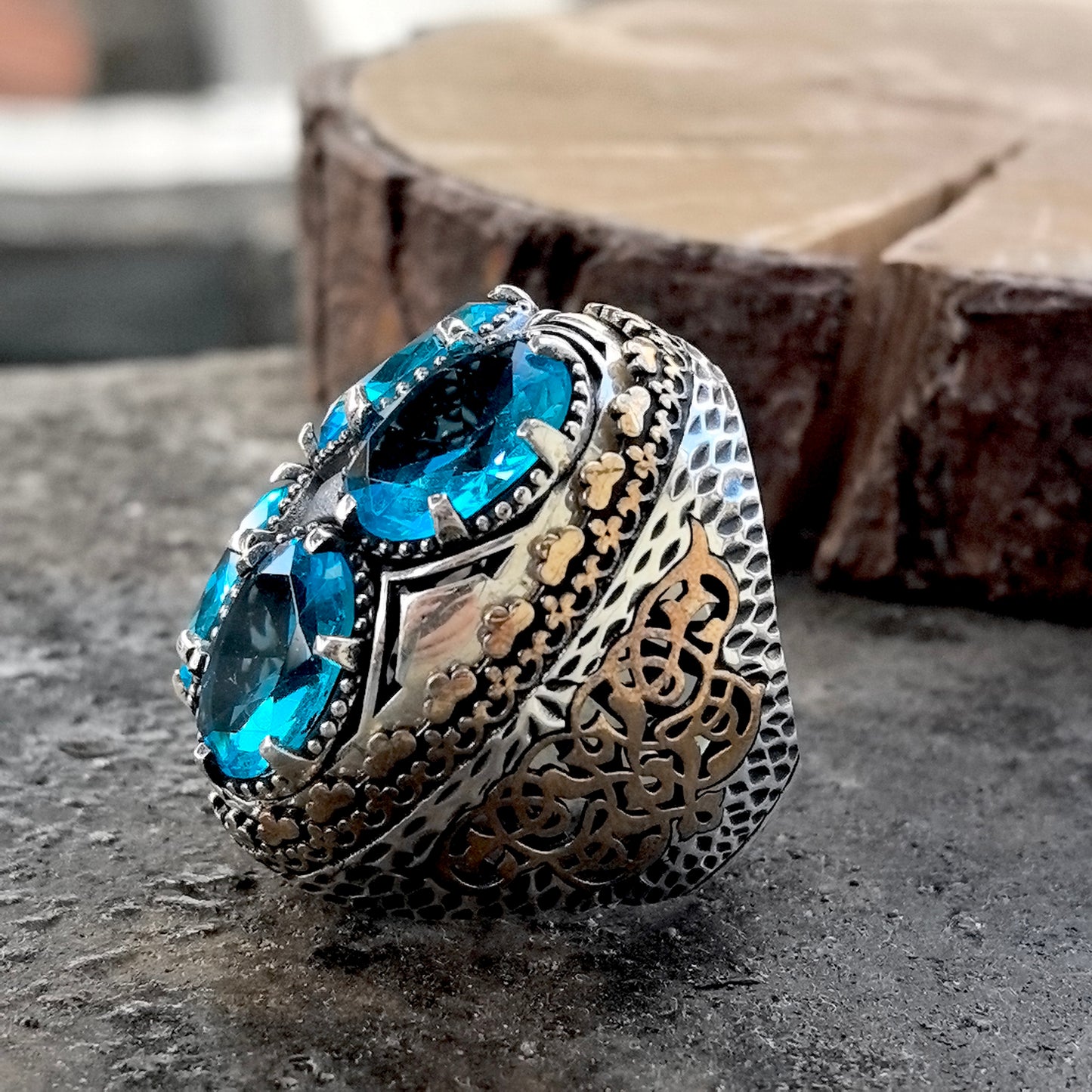 925 Men Silver Ottoman Style Large Aquamarine Stone Ring