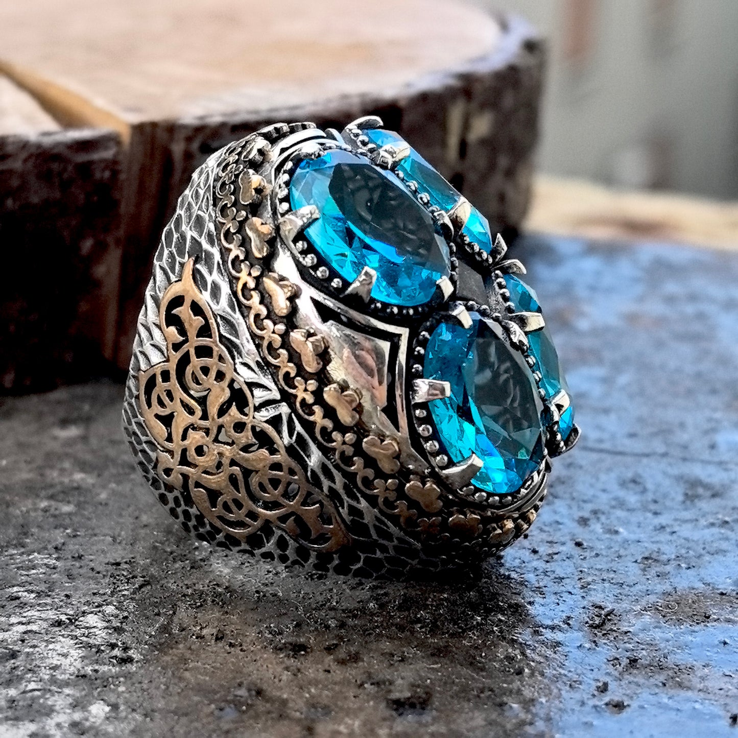 925 Men Silver Ottoman Style Large Aquamarine Stone Ring