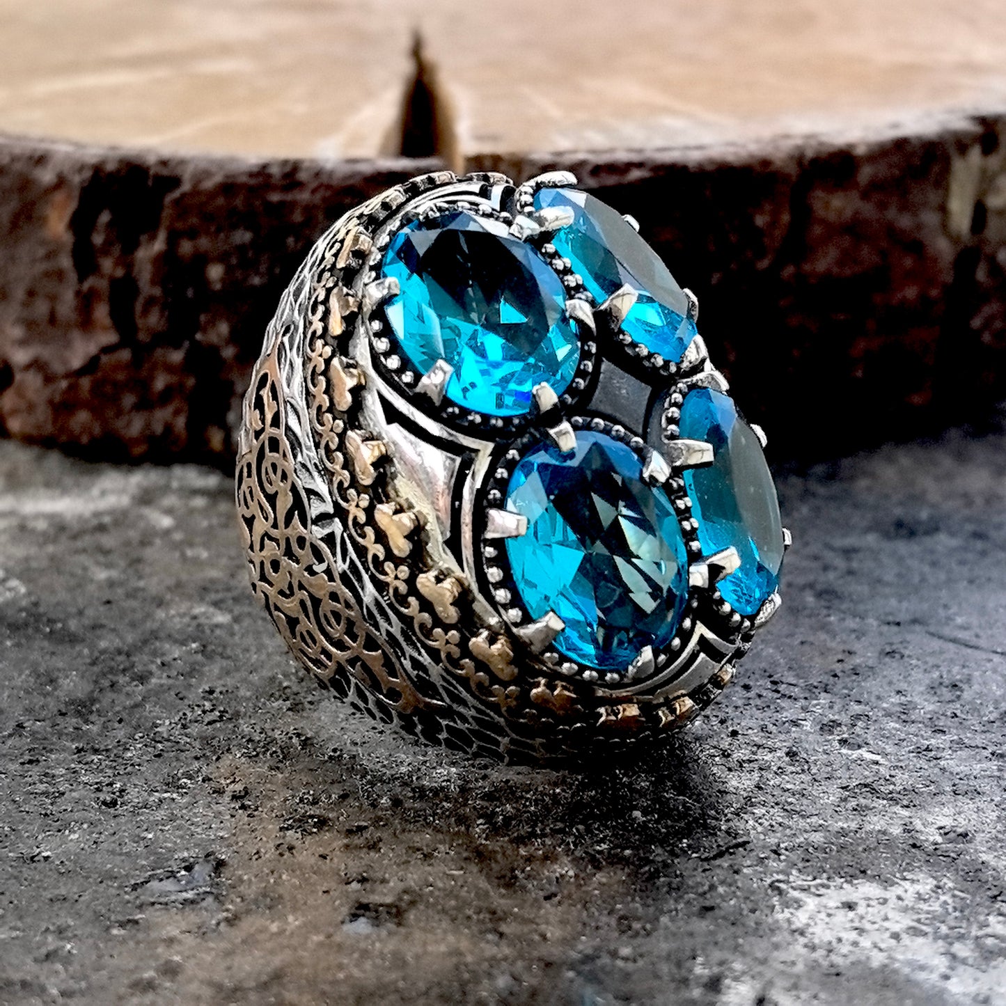 925 Men Silver Ottoman Style Large Aquamarine Stone Ring