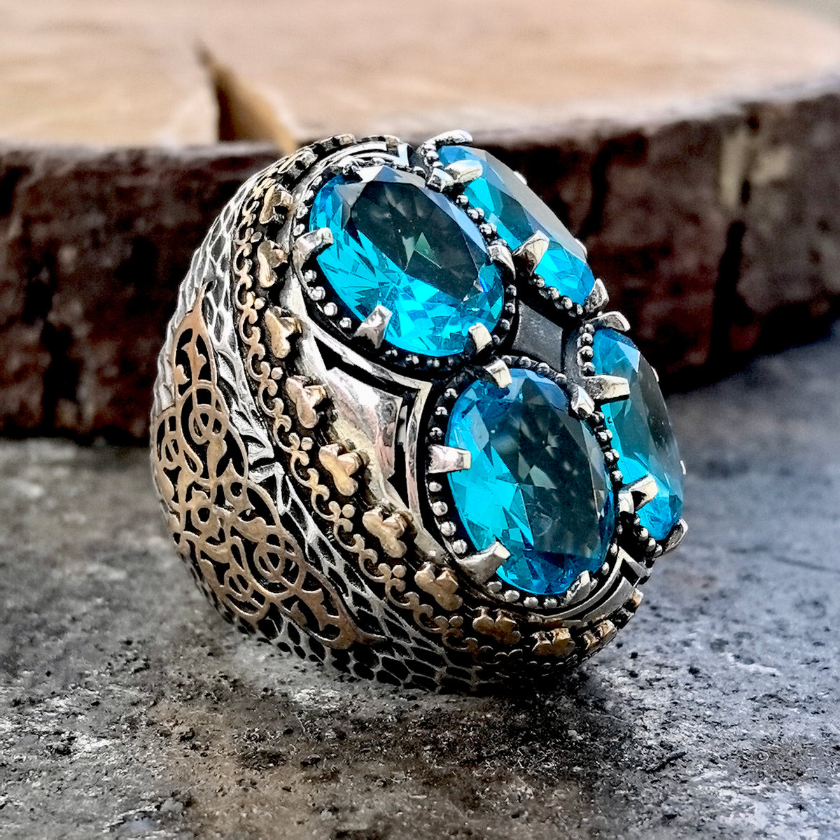 Anillo de plata 925 estilo otomano con aguamarina grande para hombre