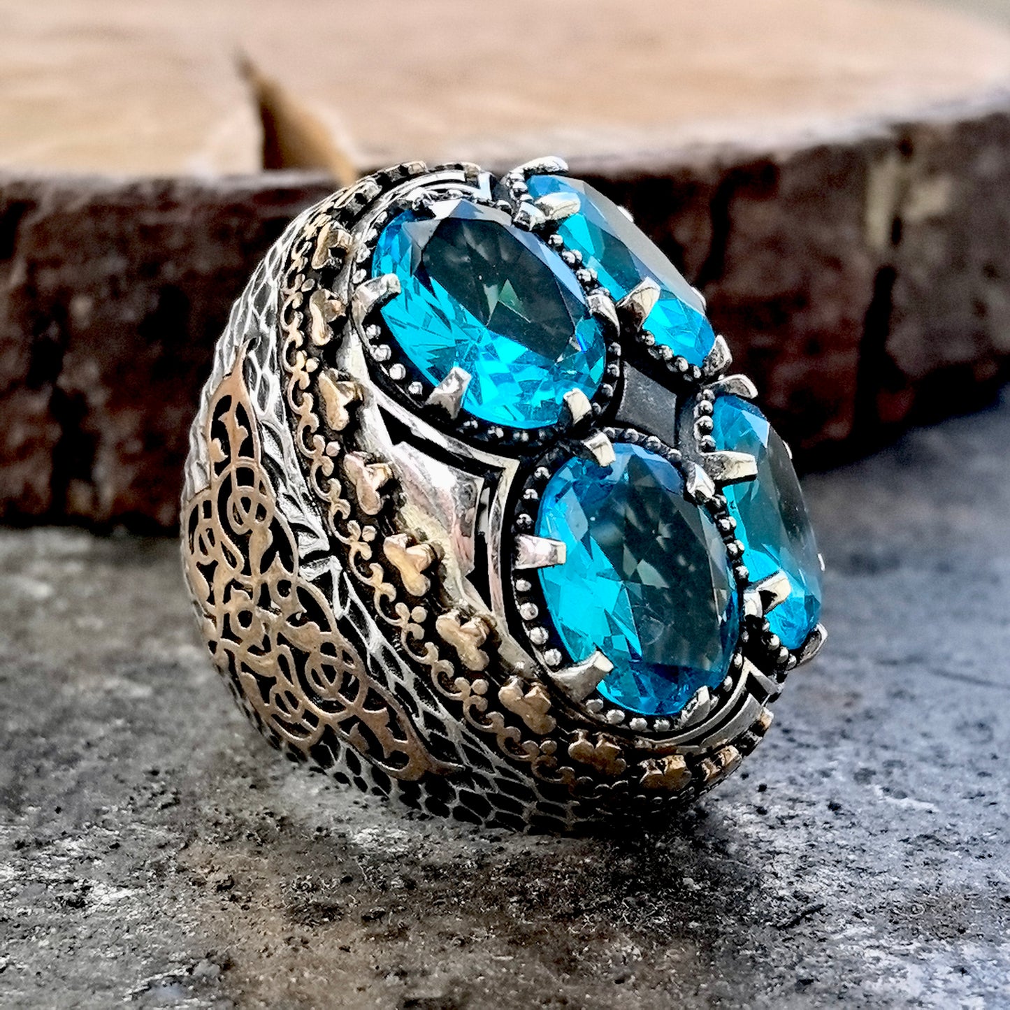 925 Men Silver Ottoman Style Large Aquamarine Stone Ring