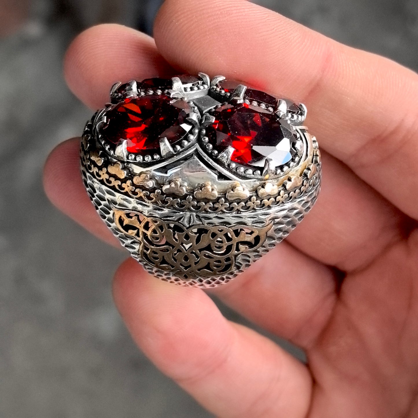 925 Men Silver Ottoman Style Large Red Gemstone Men Ring