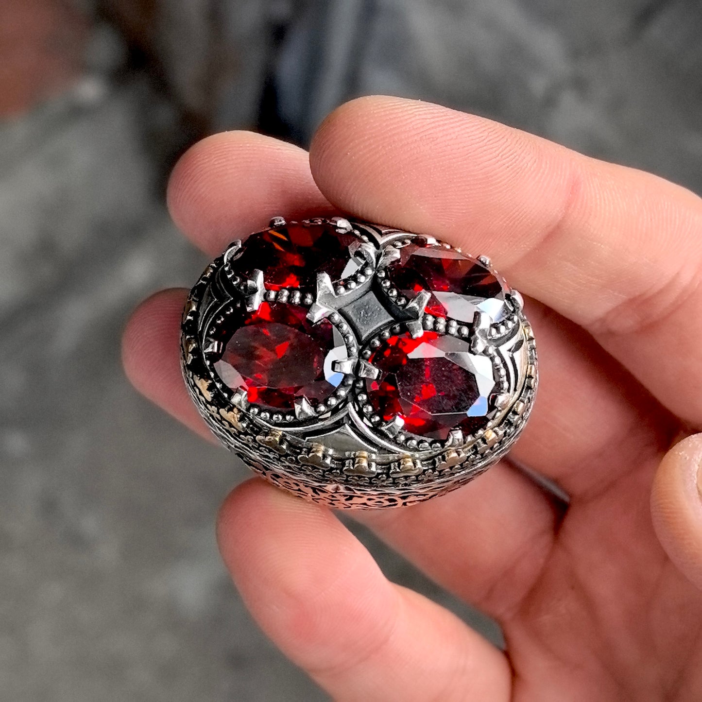 925 Men Silver Ottoman Style Large Red Gemstone Men Ring