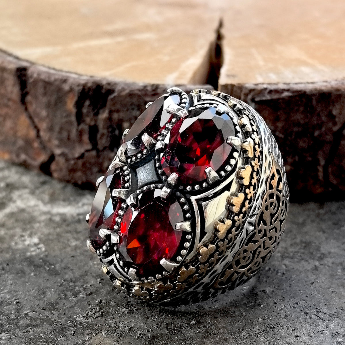 Anillo de plata 925 estilo otomano con piedras preciosas rojas grandes para hombre