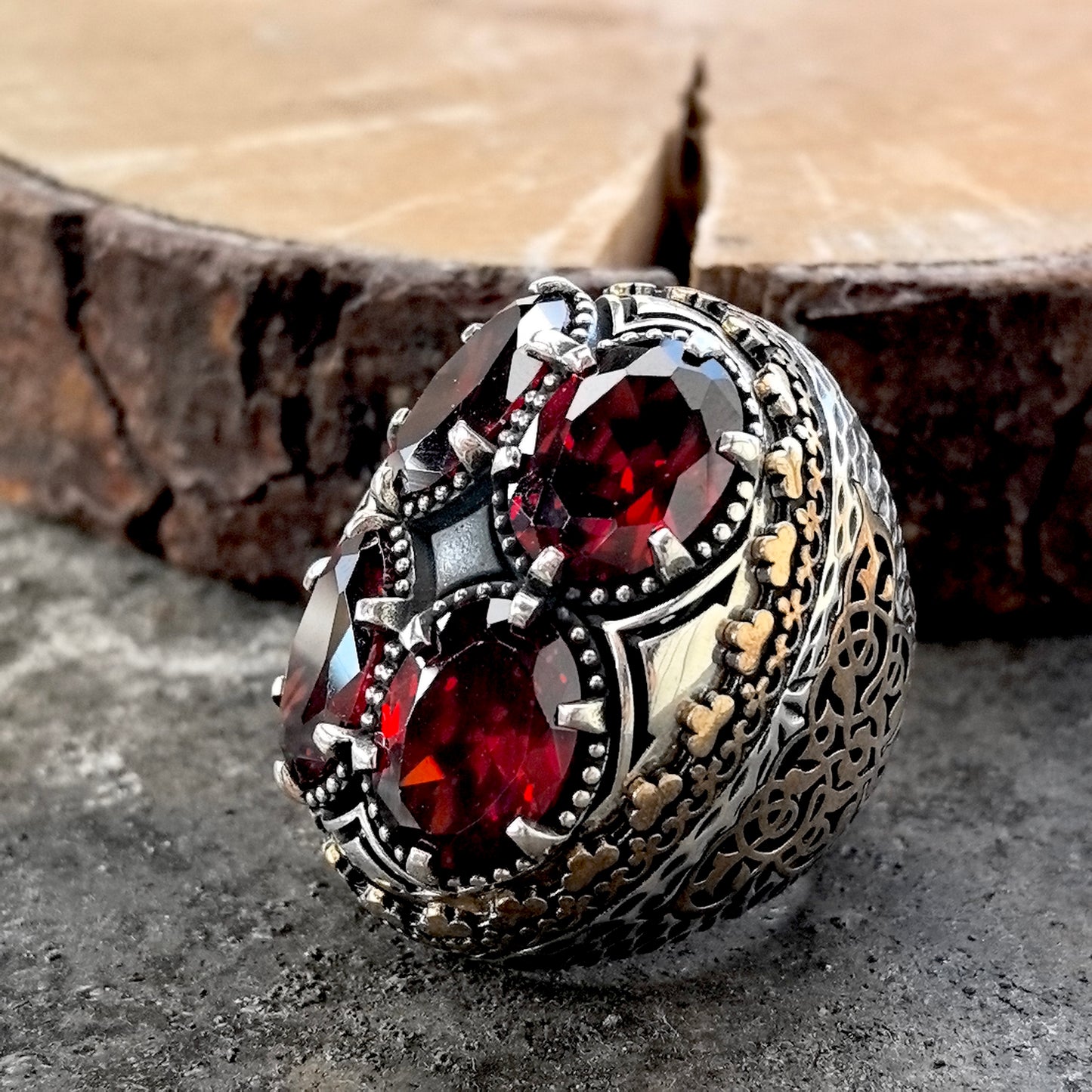 925 Men Silver Ottoman Style Large Red Gemstone Men Ring