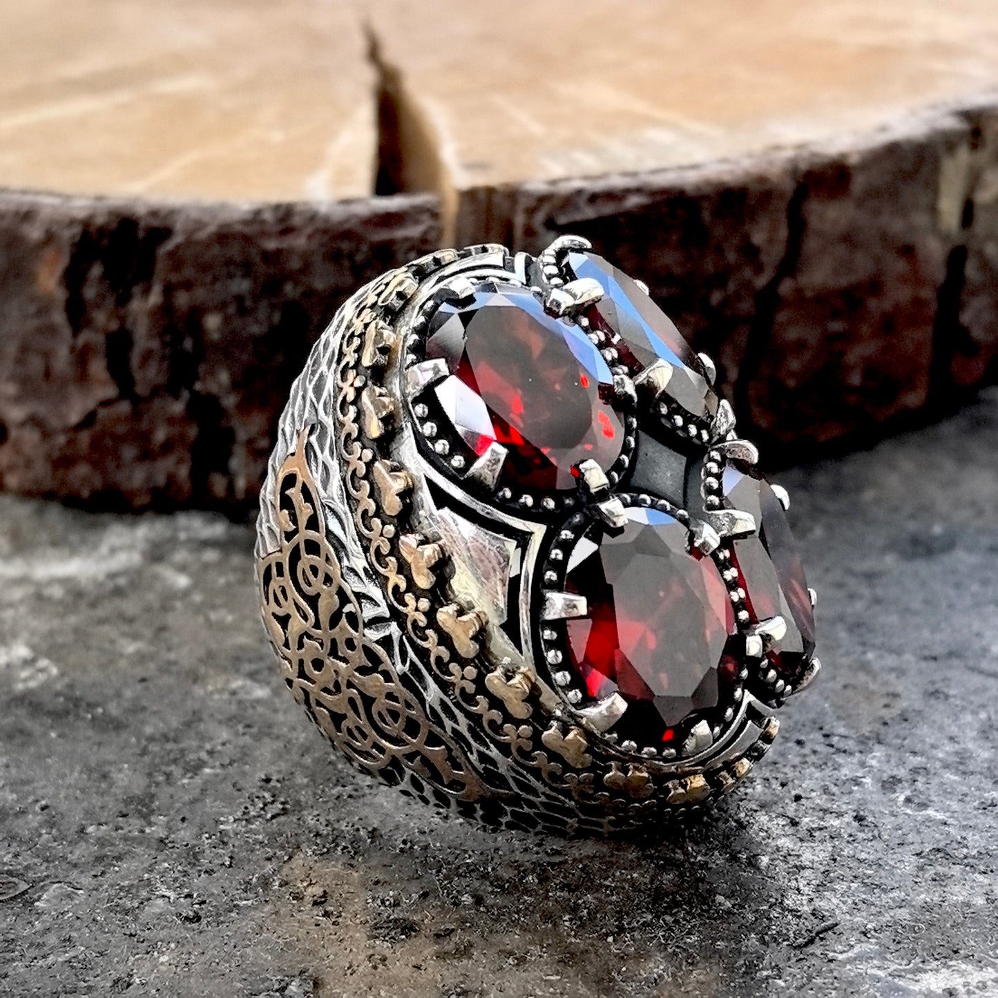 925 Men Silver Ottoman Style Large Red Gemstone Men Ring