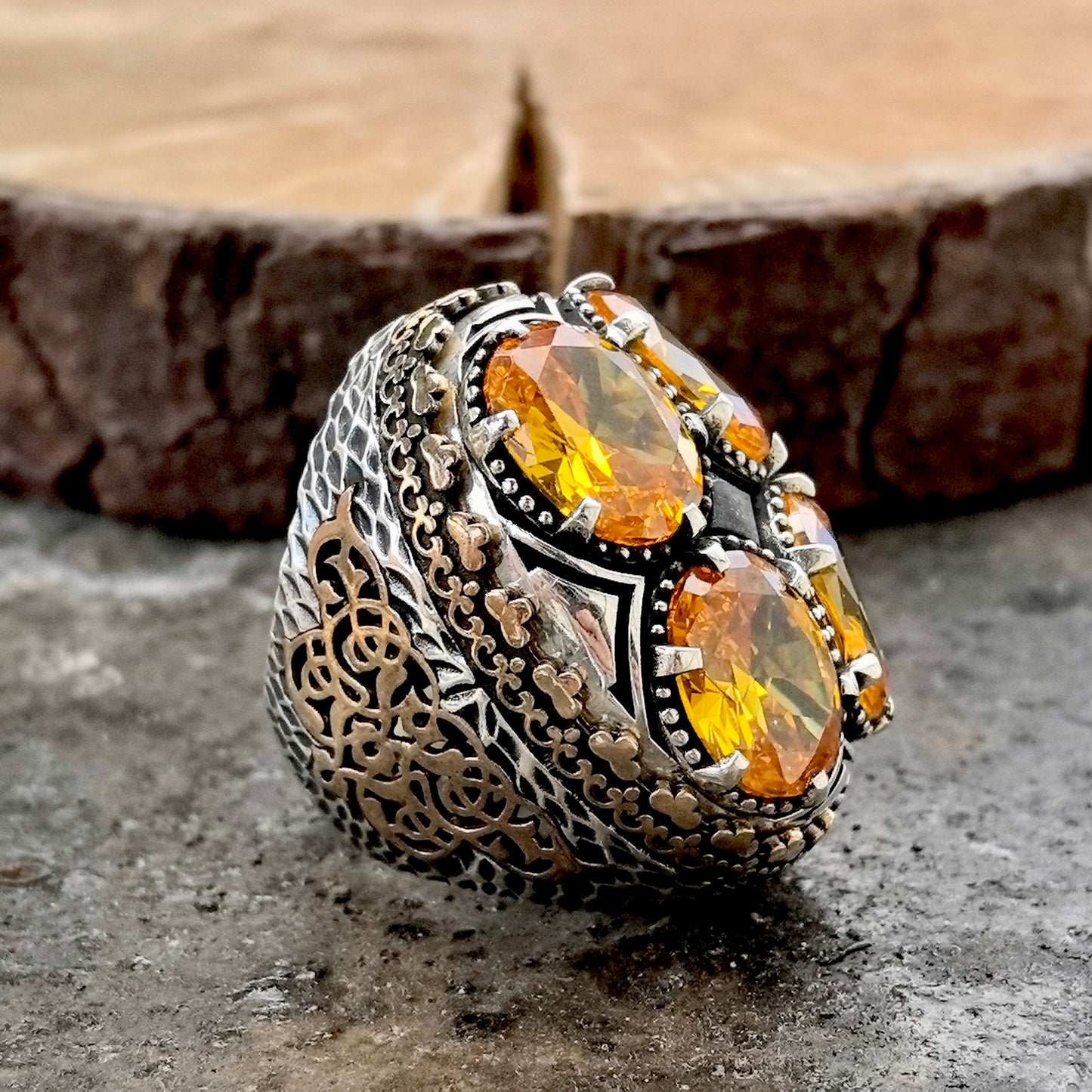 925 Silver Men Large Ottoman Style Yellow Citrine Ring