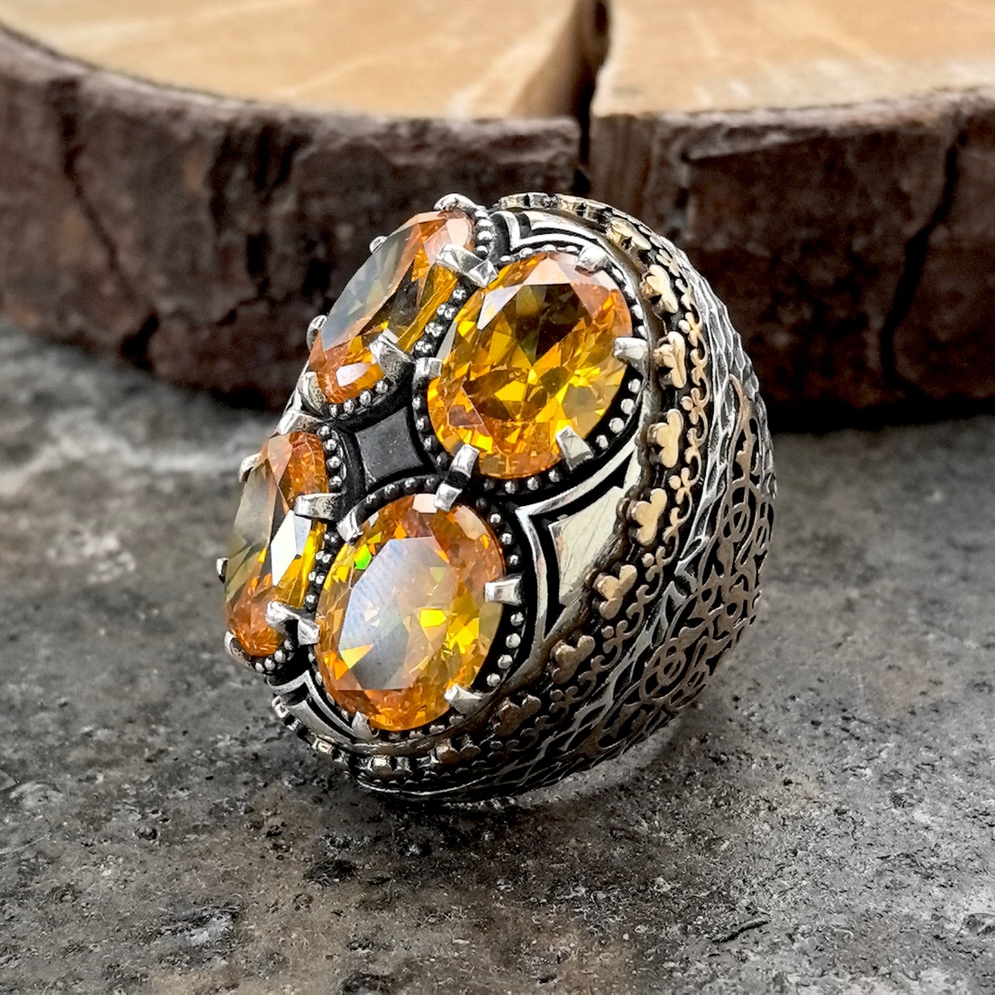 925 Silver Men Large Ottoman Style Yellow Citrine Ring