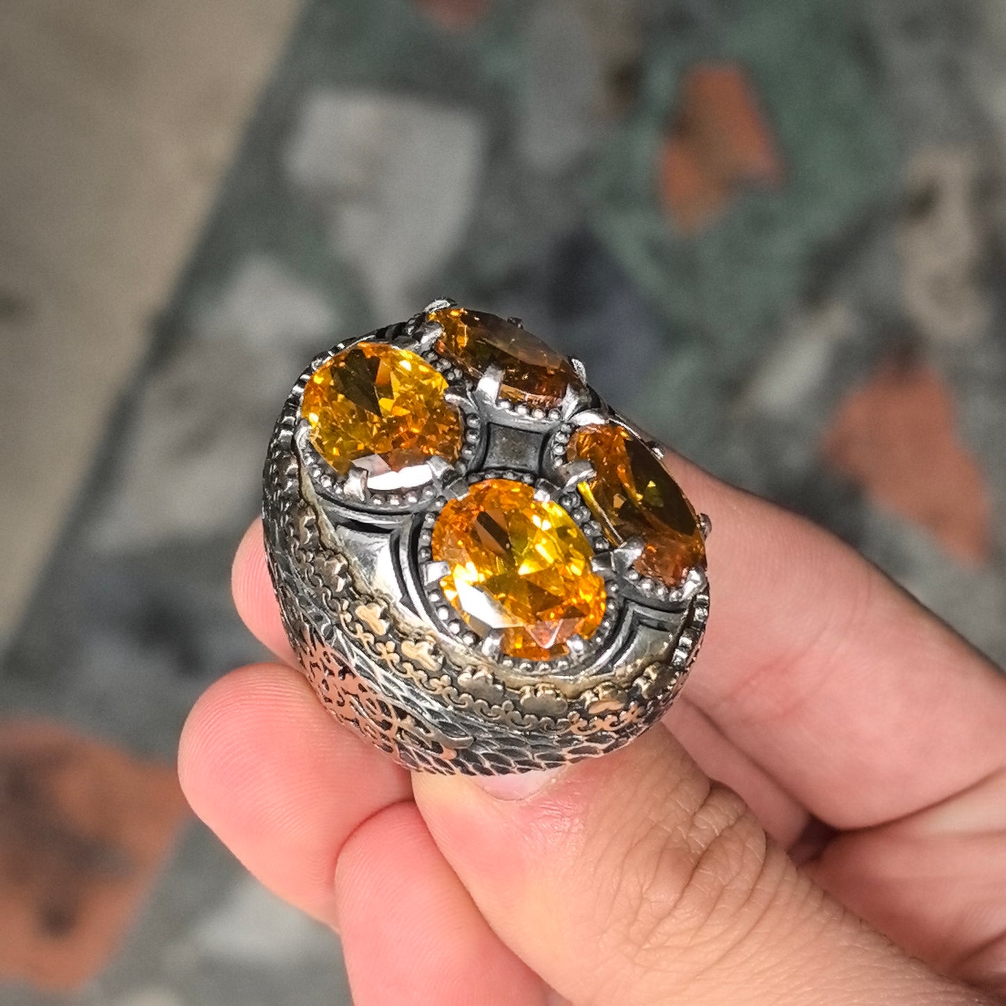 925 Silver Men Large Ottoman Style Yellow Citrine Ring