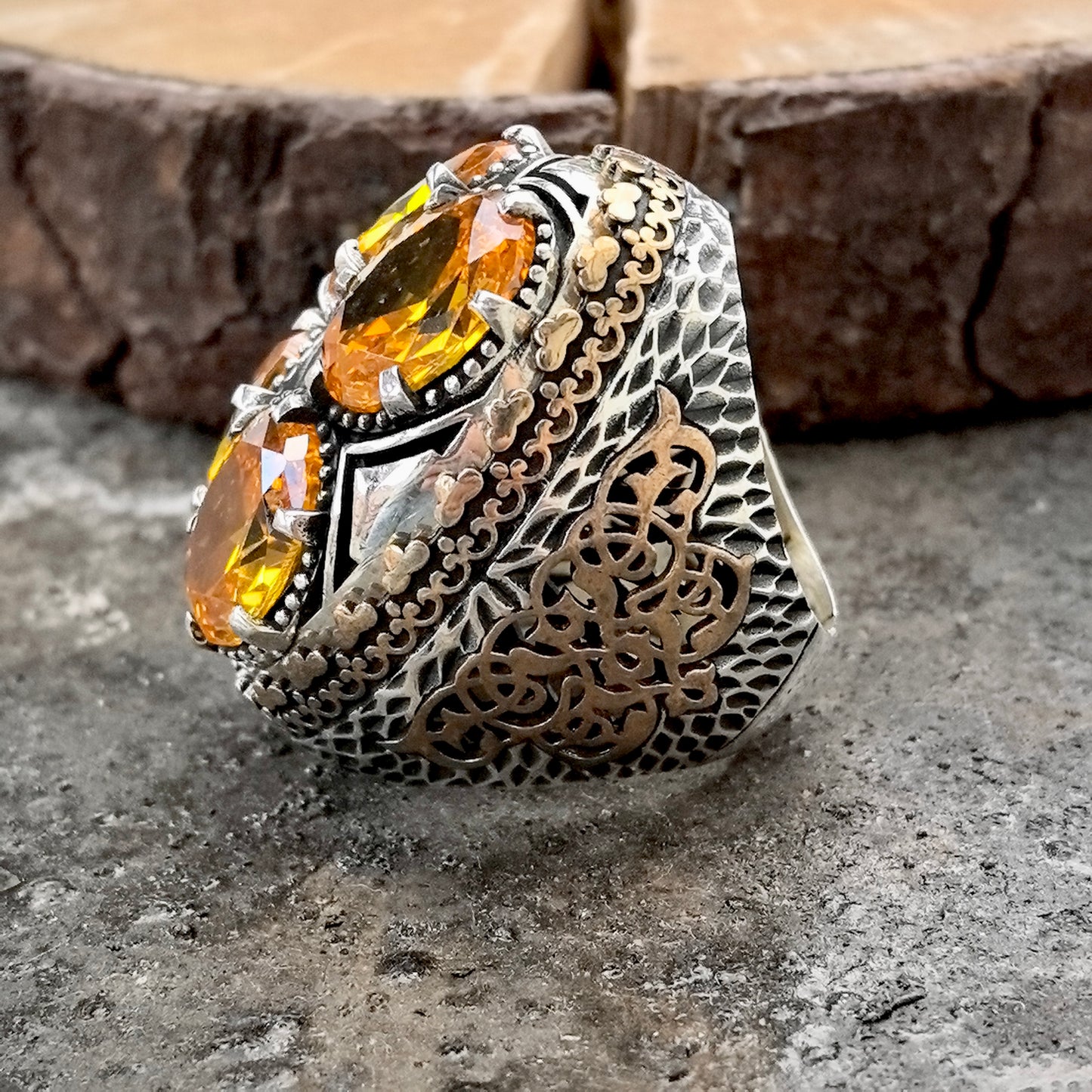 925 Silver Men Large Ottoman Style Yellow Citrine Ring