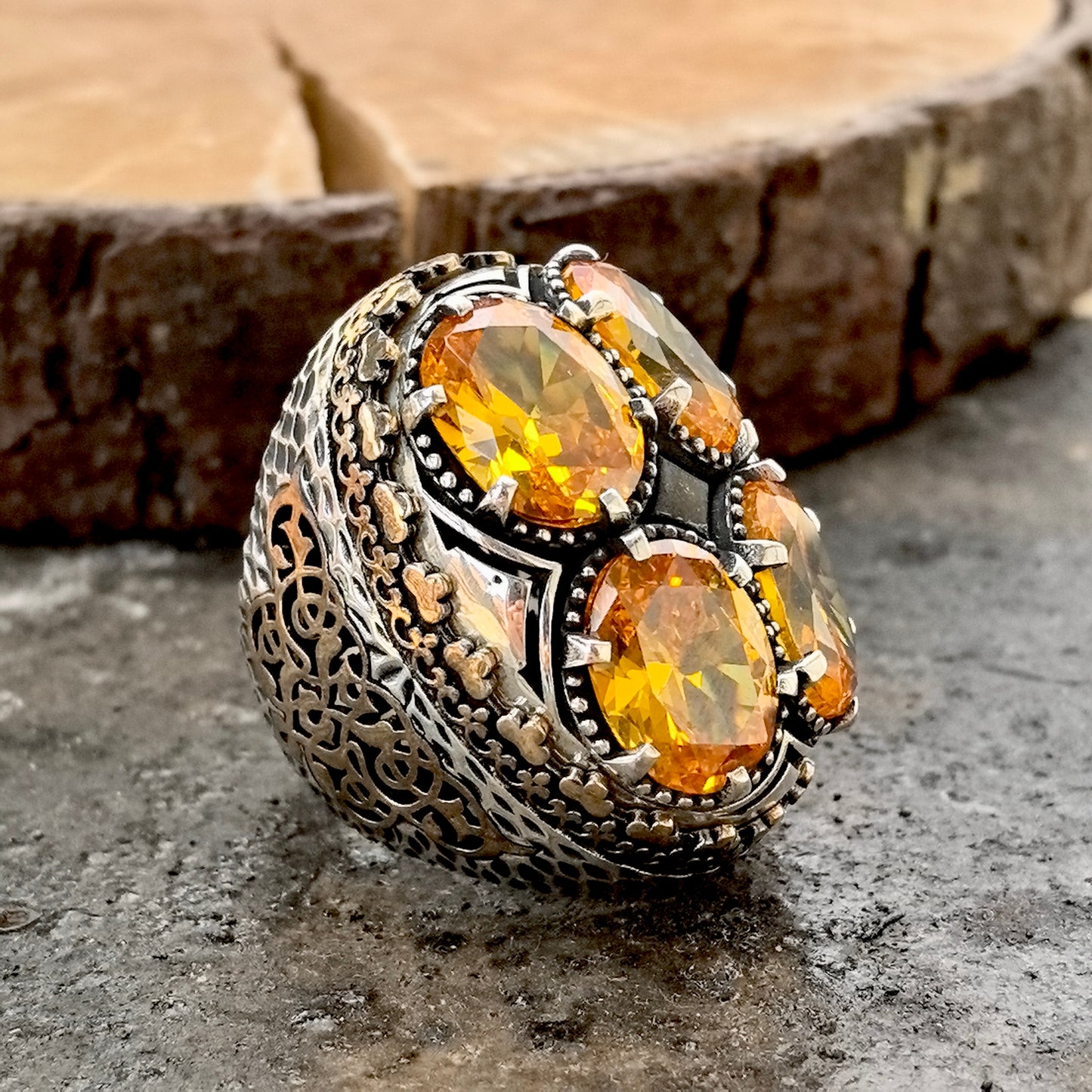 925 Silver Men Large Ottoman Style Yellow Citrine Ring