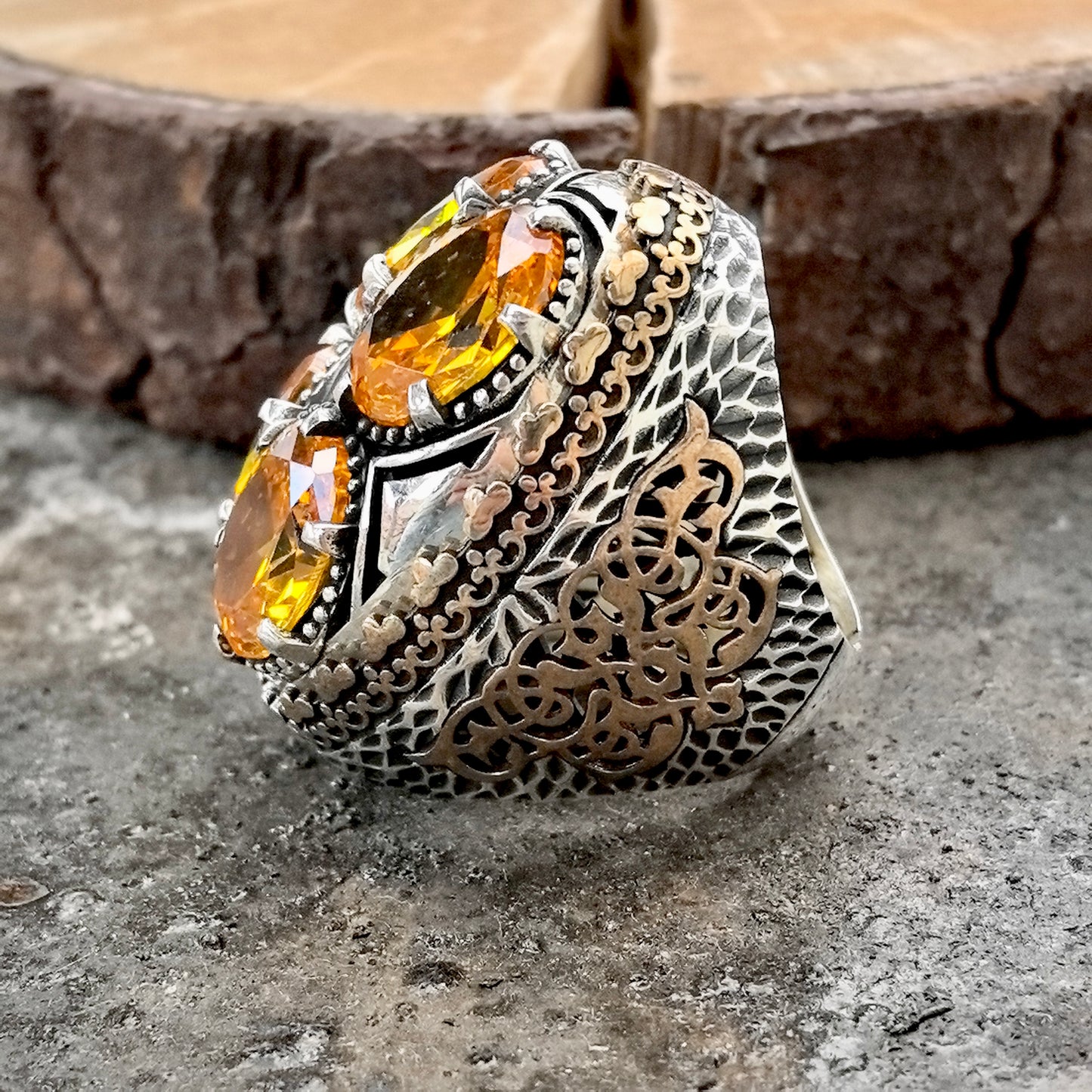 925 Silver Men Large Ottoman Style Yellow Citrine Ring