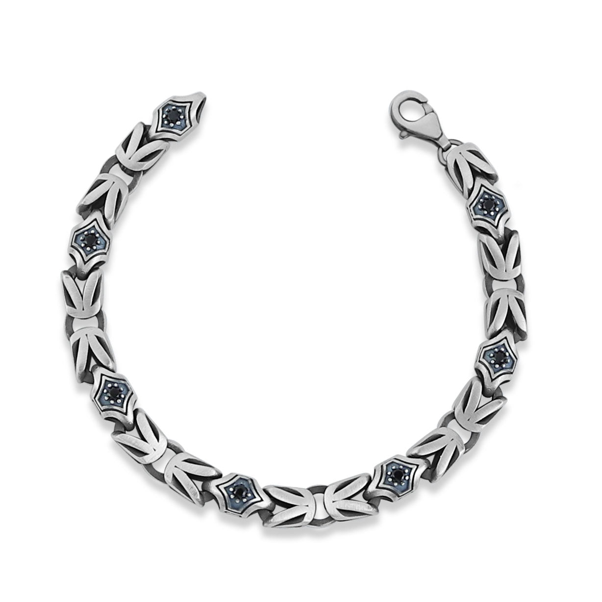 Men Silver 10MM Round Onyx Gemstone Byzantine Chain Bracelet