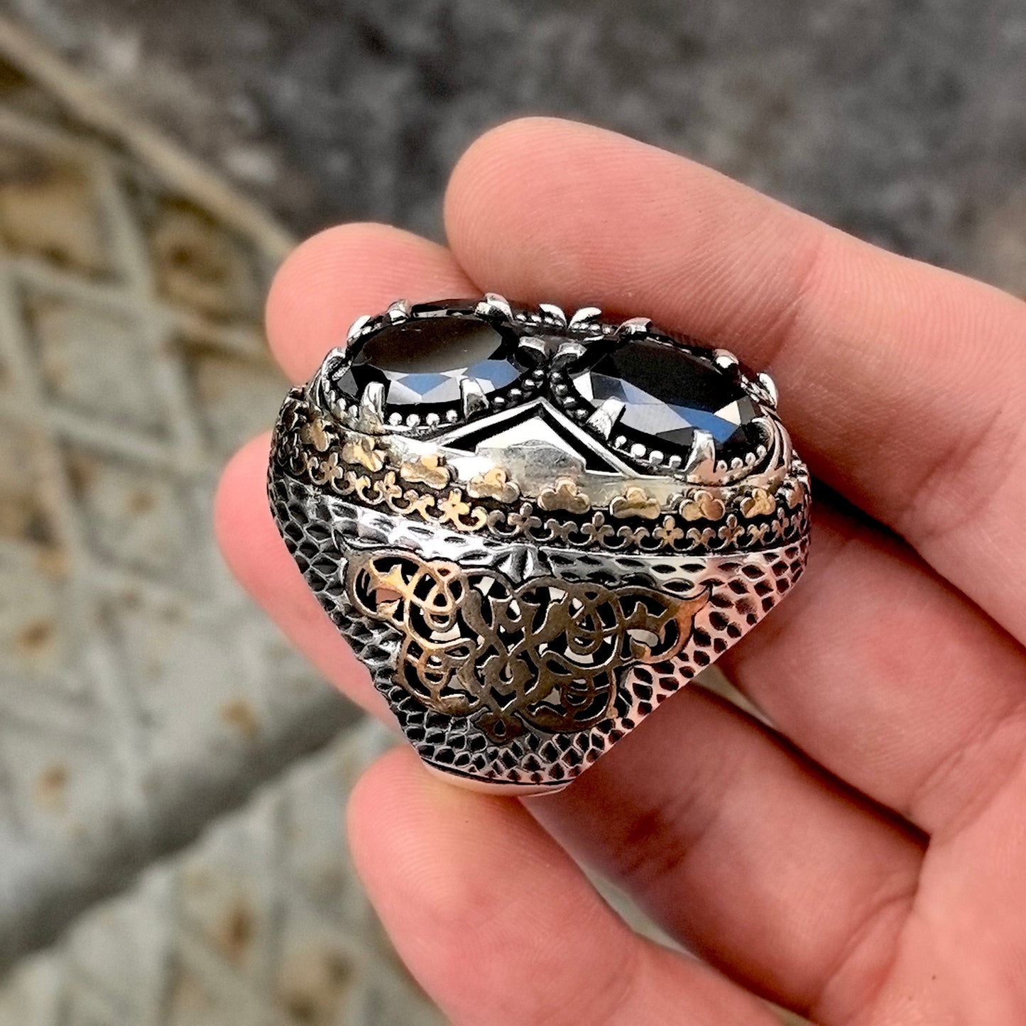 Men Silver Large Ottoman Style Big Onyx Gemstone Ring