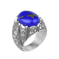 Men Handmade Turkish Engraved Blue Lapis Lazuli Gemstone Silver Ring