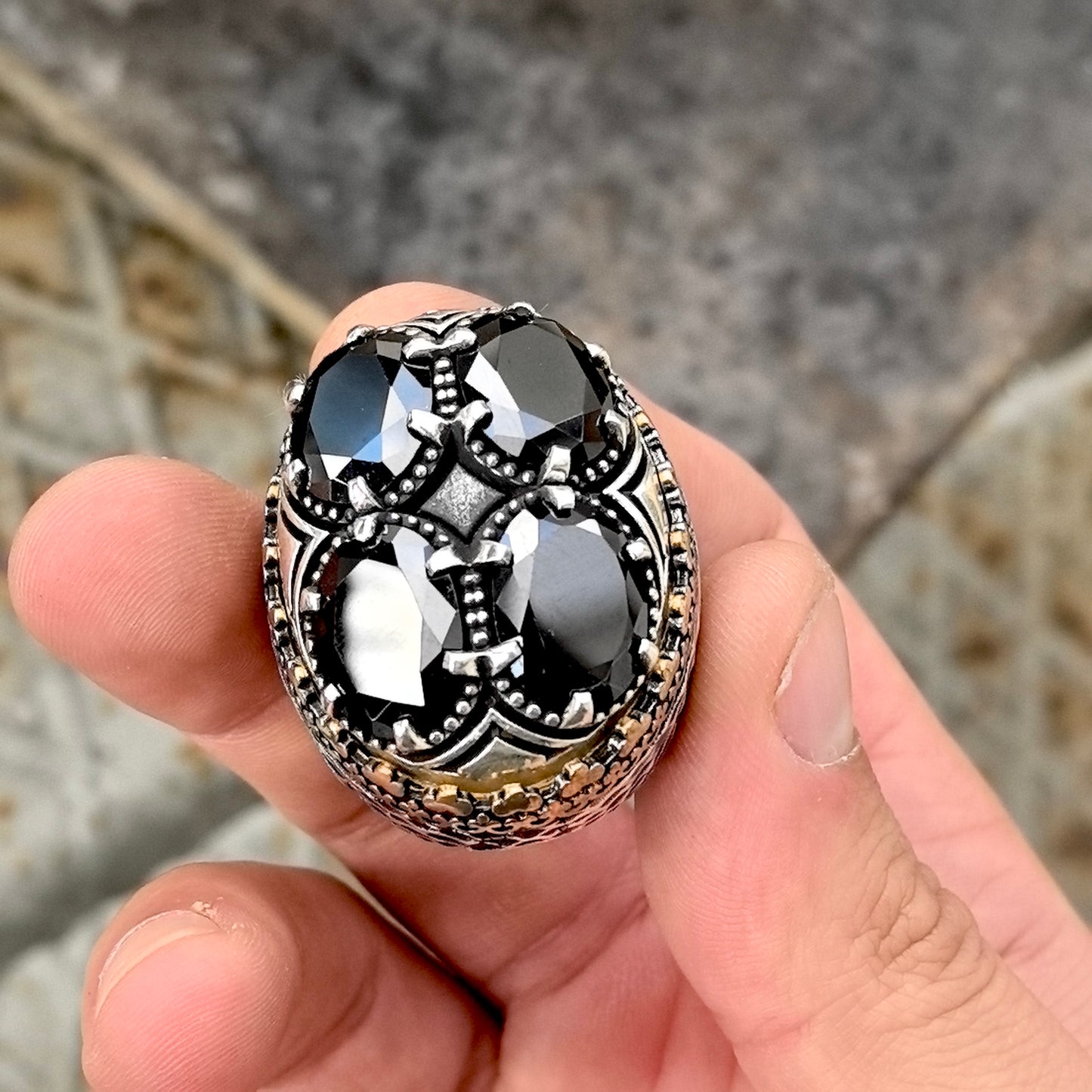 Men Silver Large Ottoman Style Big Onyx Gemstone Ring