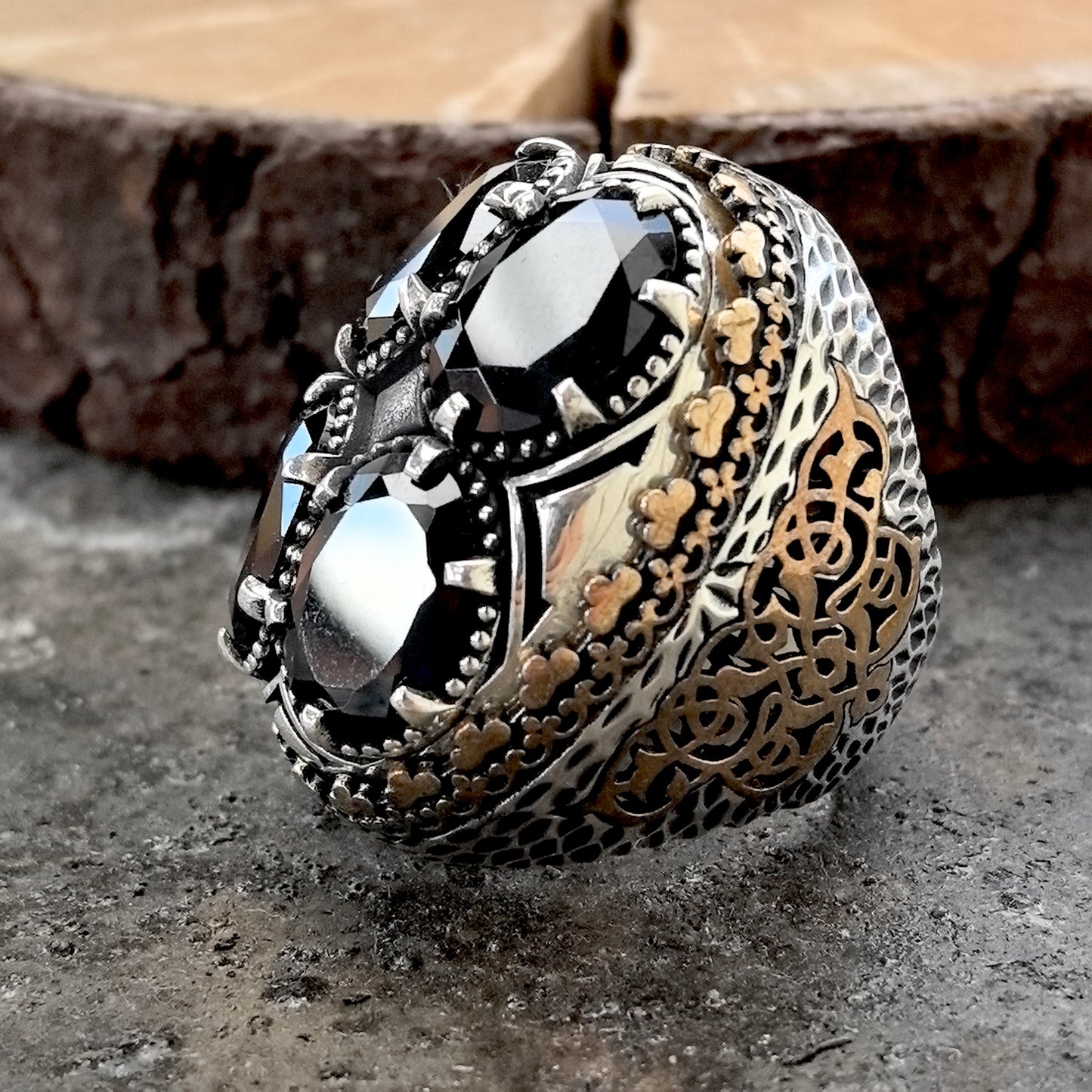 Men Silver Large Ottoman Style Big Onyx Gemstone Ring