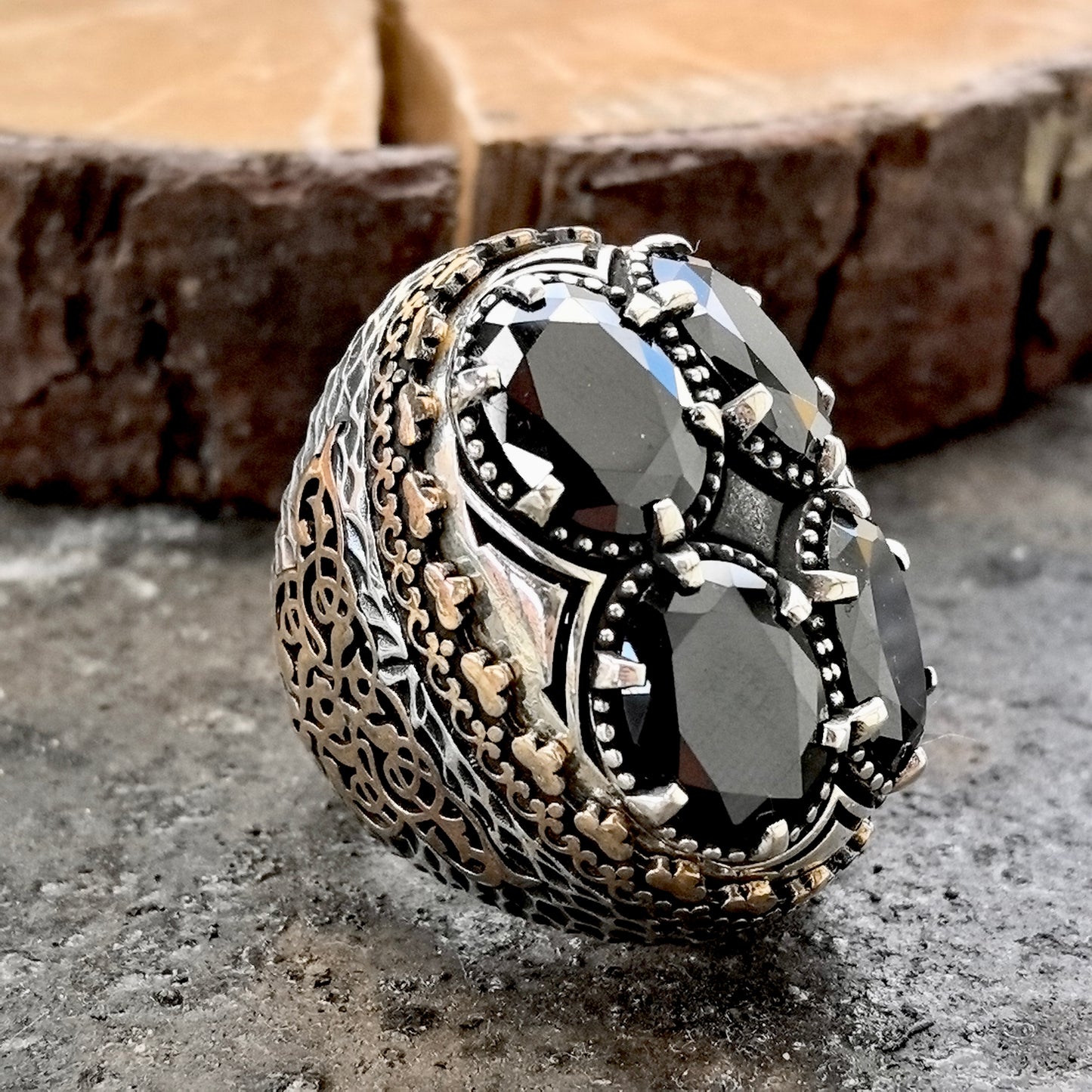 Men Silver Large Ottoman Style Big Onyx Gemstone Ring