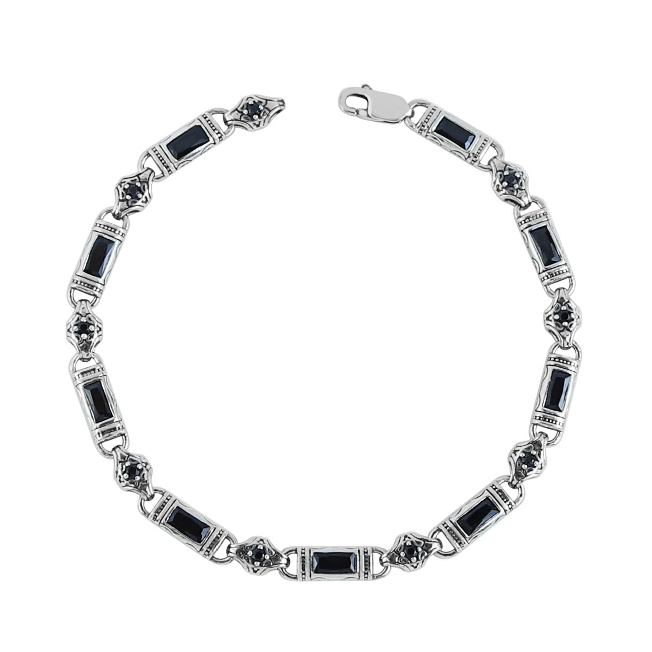 Men Silver Engraved Onyx Gemstone Byzantine Chain