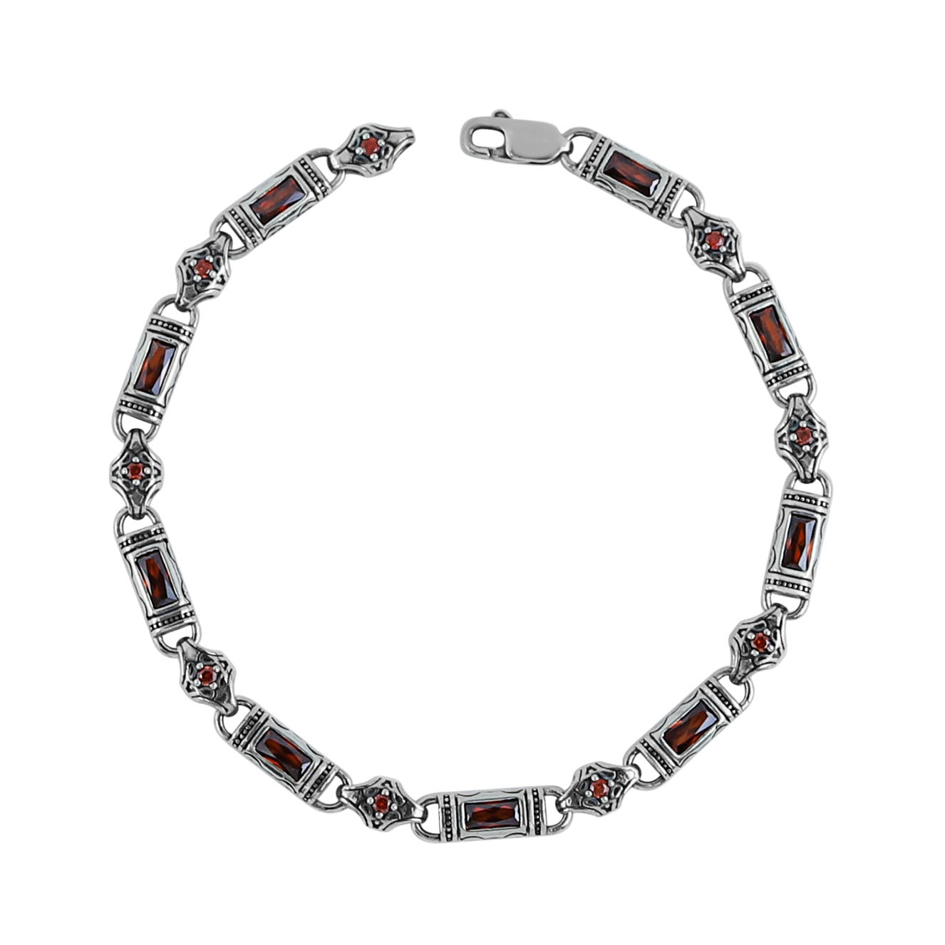 Men Silver Ruby Hand-Engraved Byzantine Chain Bracelet Ruby Link Chain Men Bracelet