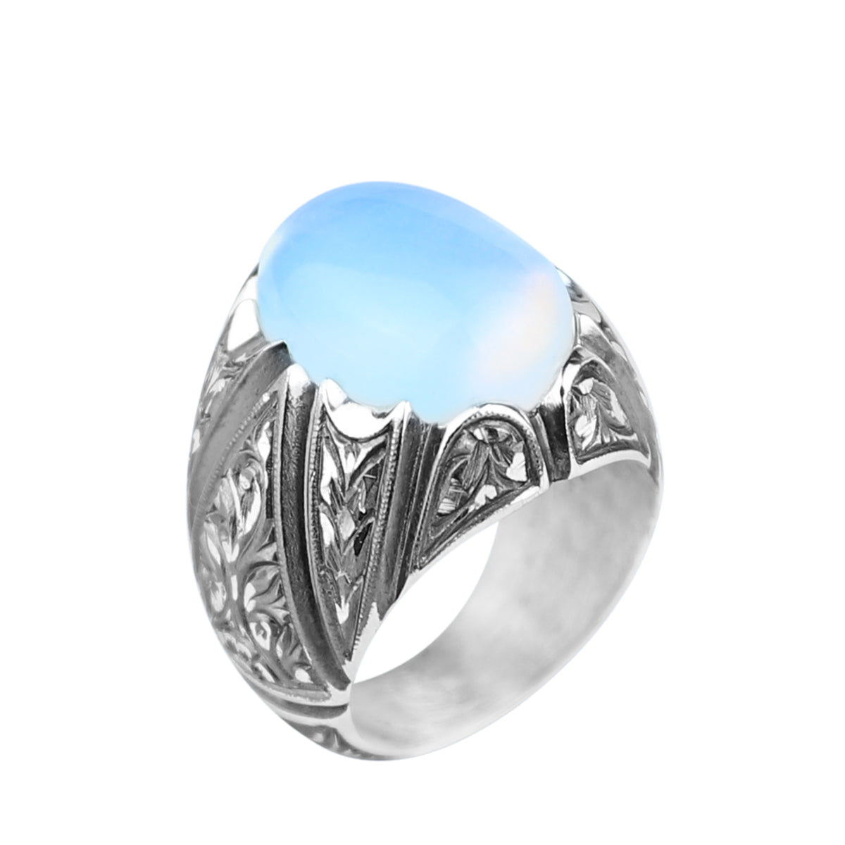 Men Handmade Rainbow Moonstone Engraved Turkish Handmade Ring