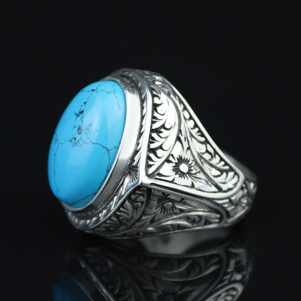 Men Engraved Silver Turquoise Ring , Handcrafted Ottoman Men Ring, Natural Gemstone Ring, 925k Sterling Silver Ring, Gift for Him