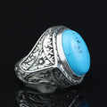 Men Engraved Silver Turquoise Ring , Handcrafted Ottoman Men Ring, Natural Gemstone Ring, 925k Sterling Silver Ring, Gift for Him