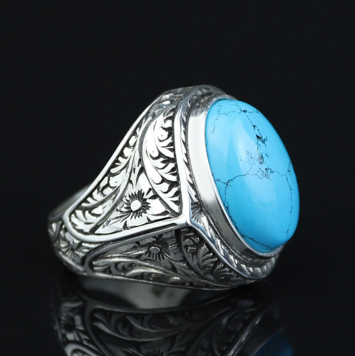 Men Engraved Silver Turquoise Ring , Handcrafted Ottoman Men Ring, Natural Gemstone Ring, 925k Sterling Silver Ring, Gift for Him