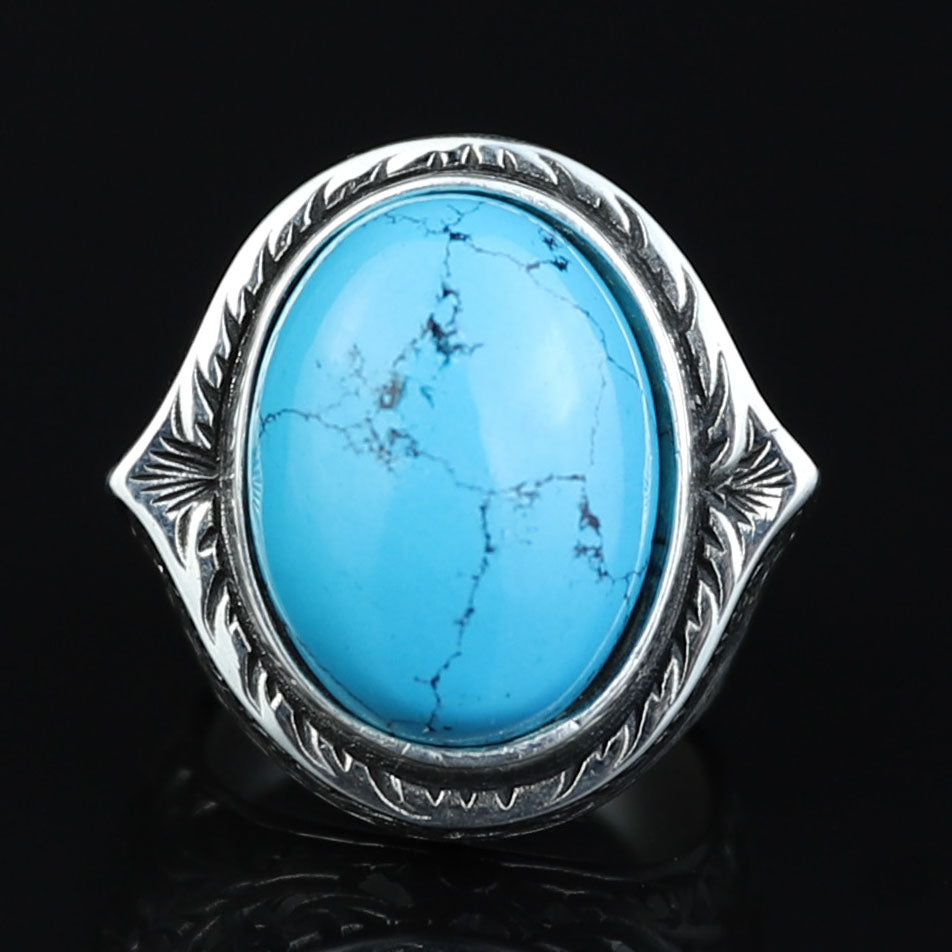 Men Engraved Silver Turquoise Ring , Handcrafted Ottoman Men Ring, Natural Gemstone Ring, 925k Sterling Silver Ring, Gift for Him