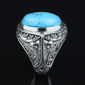 Men Engraved Silver Turquoise Ring , Handcrafted Ottoman Men Ring, Natural Gemstone Ring, 925k Sterling Silver Ring, Gift for Him