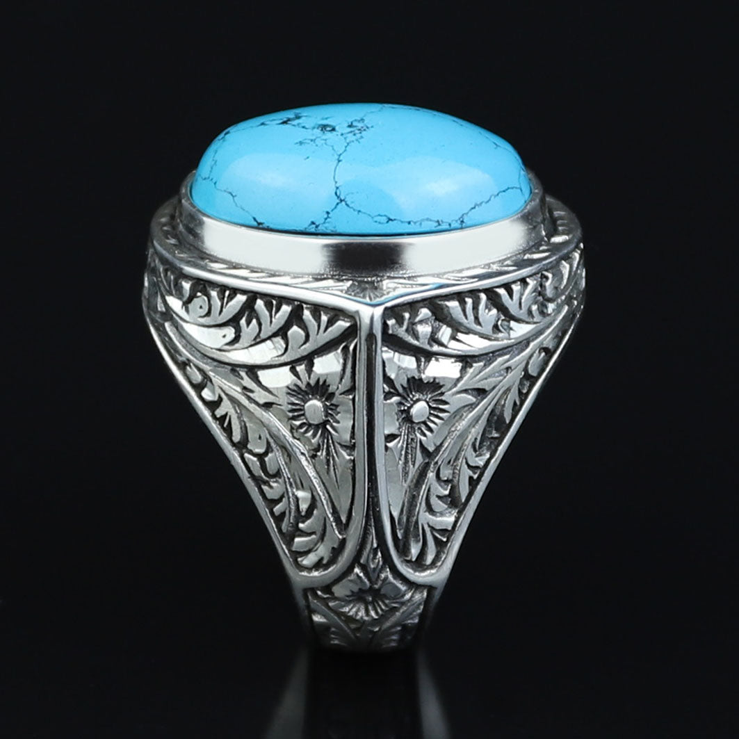 Men Engraved Silver Turquoise Ring , Handcrafted Ottoman Men Ring, Natural Gemstone Ring, 925k Sterling Silver Ring, Gift for Him