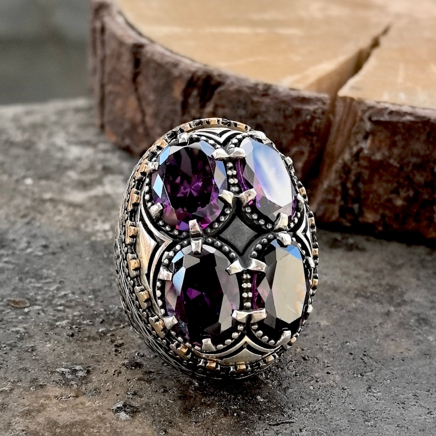 Men Silver Large Ottoman Style Amethyst Gemstone Men Ring