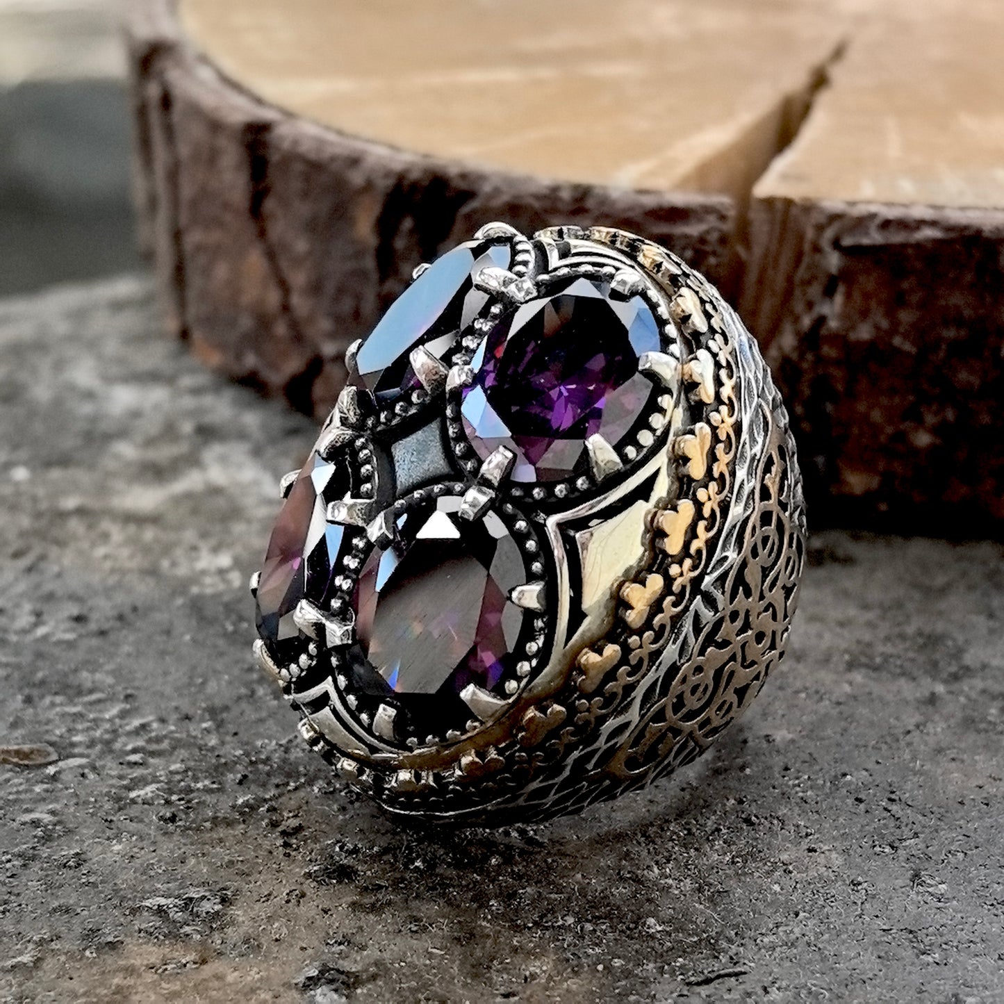 Men Silver Large Ottoman Style Amethyst Gemstone Men Ring