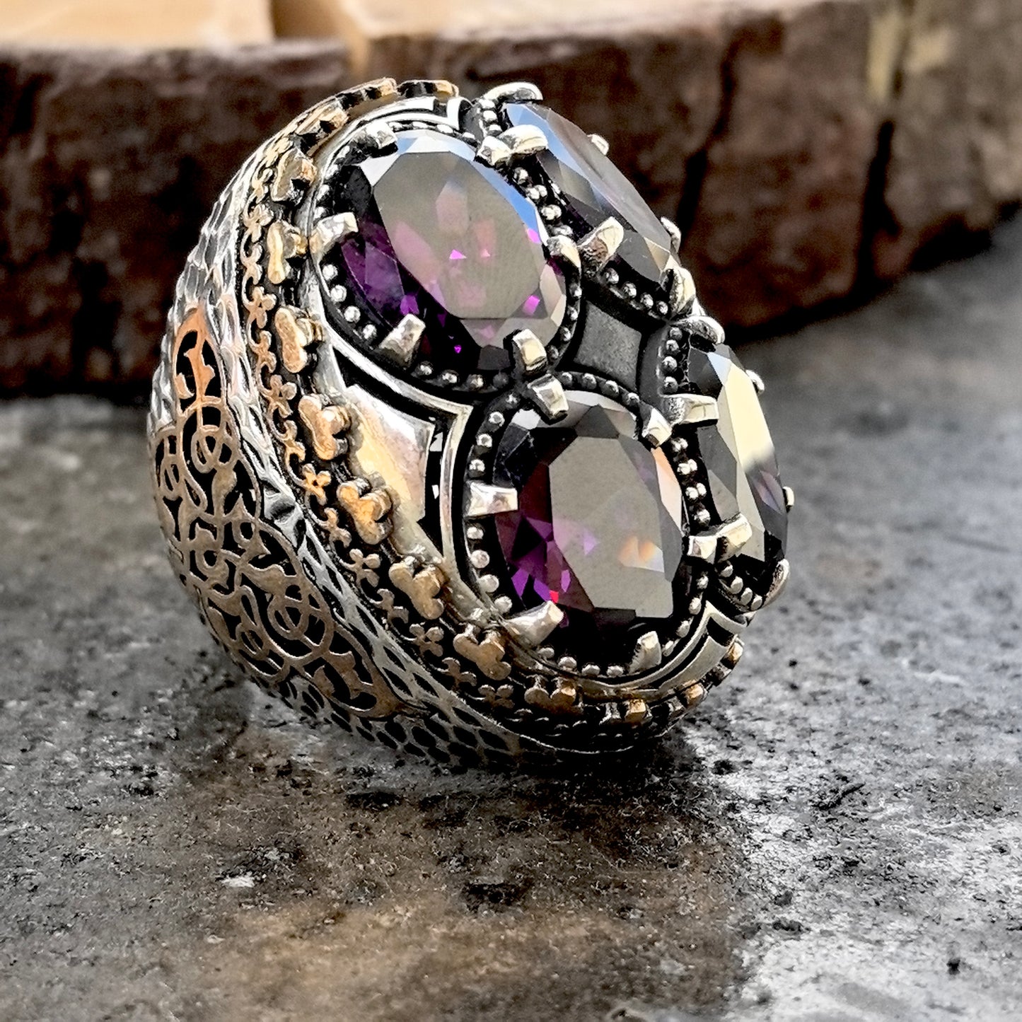 Men Silver Large Ottoman Style Amethyst Gemstone Men Ring