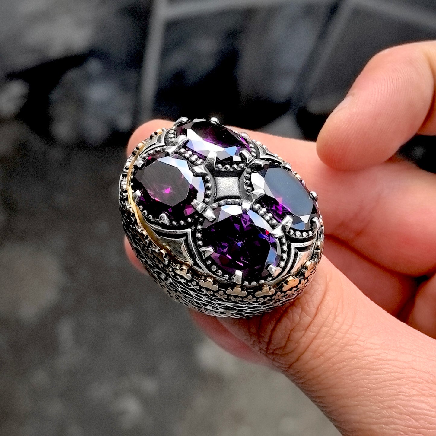 Men Silver Large Ottoman Style Amethyst Gemstone Men Ring