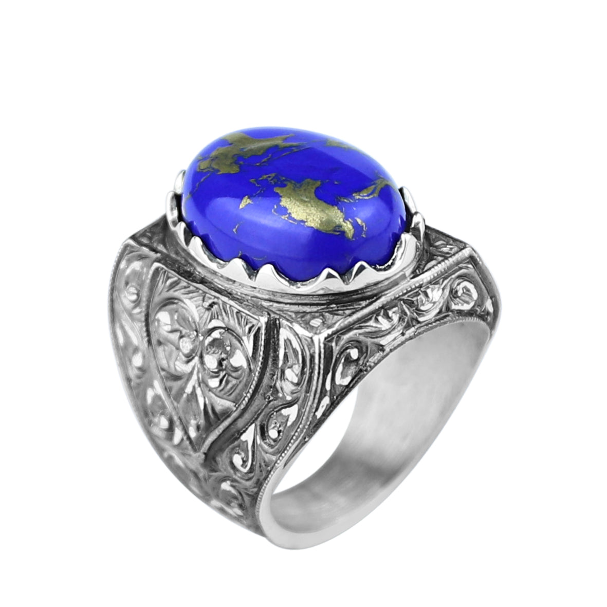 Anillo de hombre hecho a mano y grabado a mano con gema de lapislázuli natural.