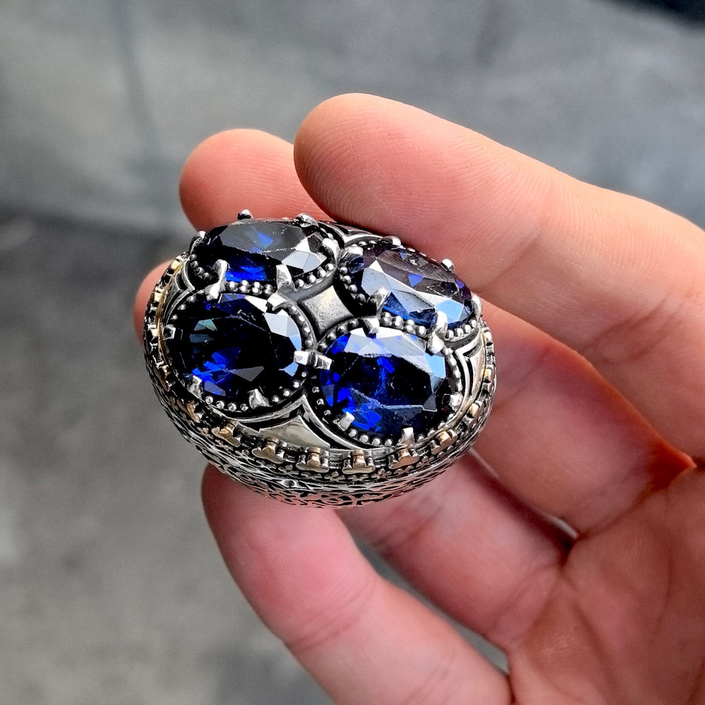 925 Men Silver Sapphire Gemstone Large Men Ring