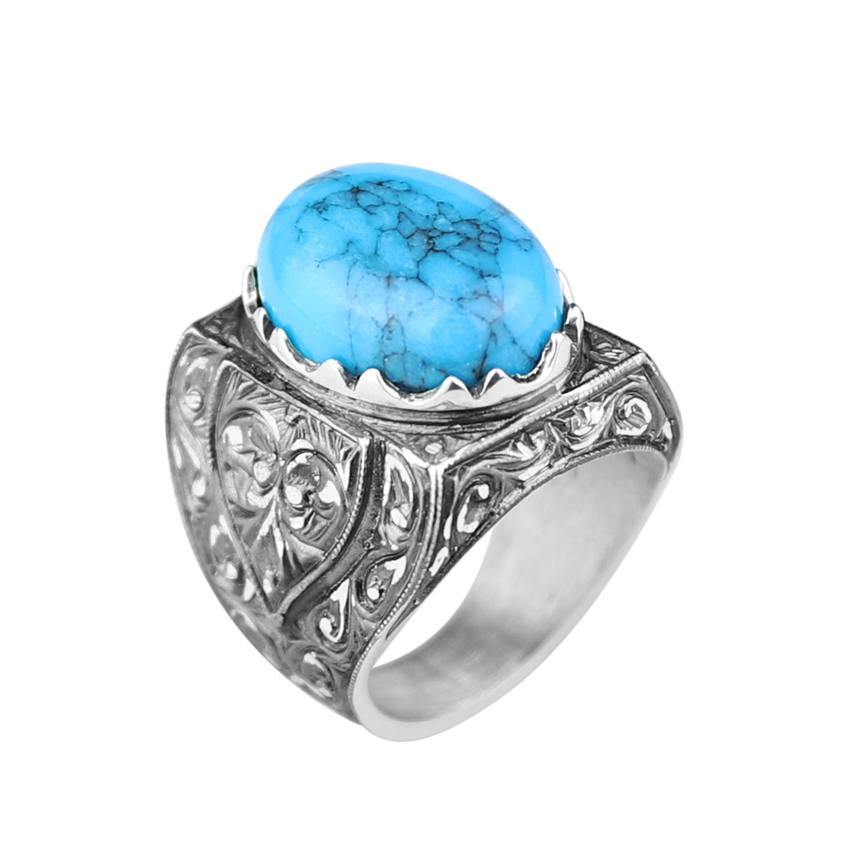 Men Handmade Hand-Engraved Blue Turquoise Gemstone Ring